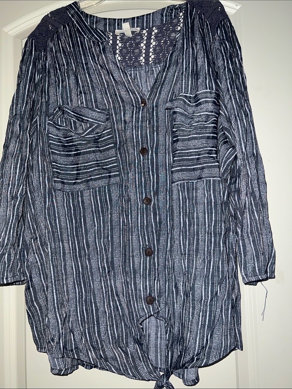 Striped Navy Button-Up Tie Hem Blouse